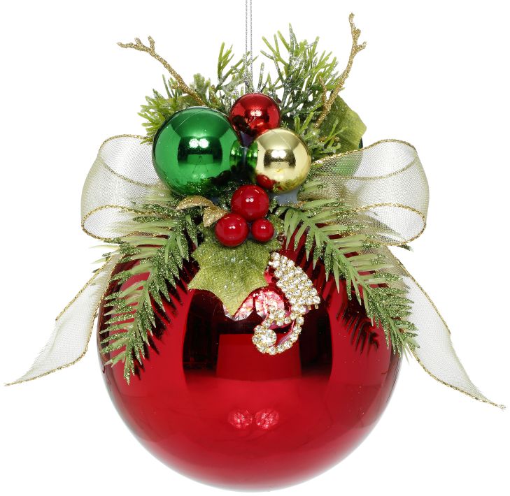MARK ROBERTS FLORAL JEWELED SHINY RED 6 INCH ROUND ORNAMENT 36-54314