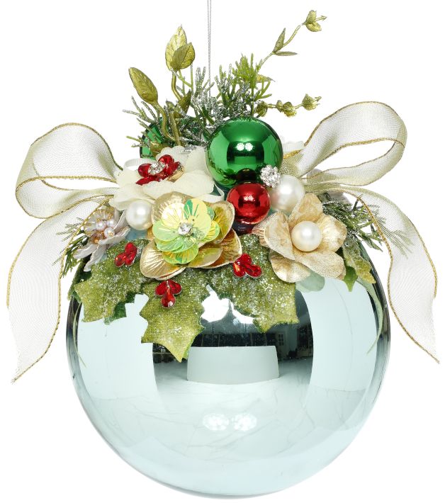 MARK ROBERTS FLORAL JEWELED SHINY BLUE 7.5 INCH ROUND ORNAMENT 36-54322