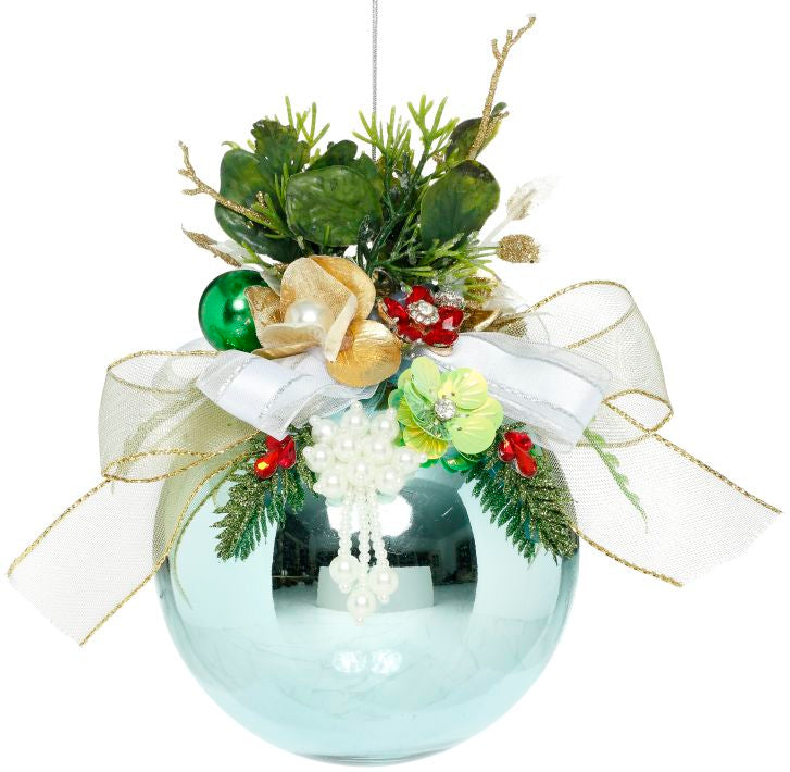 MARK ROBERTS FLORAL JEWELED SHINY BLUE ROUND 7 INCH ORNAMENT 36-54302