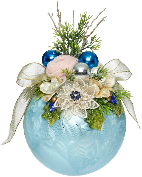 MARK ROBERTS FLORAL JEWELED FROSTED LIGHT BLUE 8 INCH ROUND ORNAMENT 36-54326