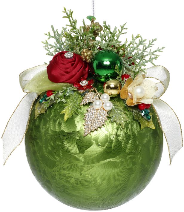 MARK ROBERTS FLORAL JEWELED FROSTED DARK GREEN 8 INCH ROUND ORNAMENT 36-54328