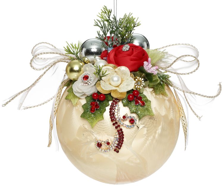 MARK ROBERTS FLORAL JEWELED FROSTED GOLD 8 INCH ROUND ORNAMENT 36-54330