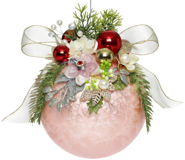 MARK ROBERTS FLORAL JEWELED FROSTED PINK 8 INCH ROUND ORNAMENT 36-54332