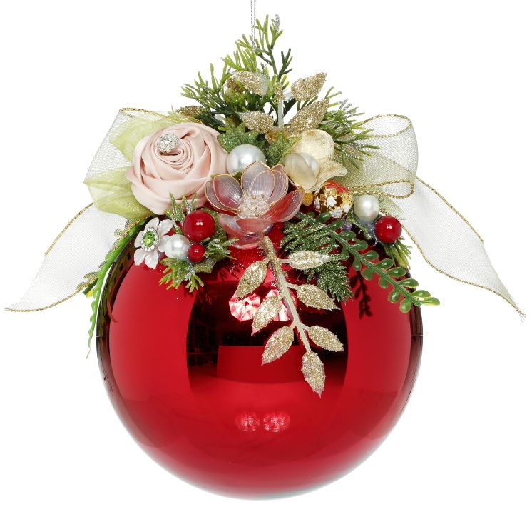 MARK ROBERTS FLORAL JEWELED SHINY RED 8 INCH ROUND ORNAMENT 36-54334