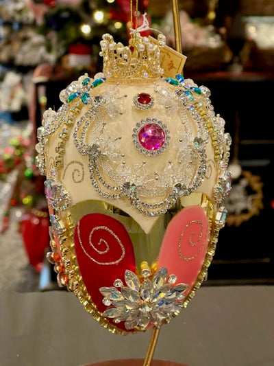 MARK ROBERTS - KING'S JEWELS FABERGE EGG IVORY & ROSE  HANGING ORNAMENT 36-45960