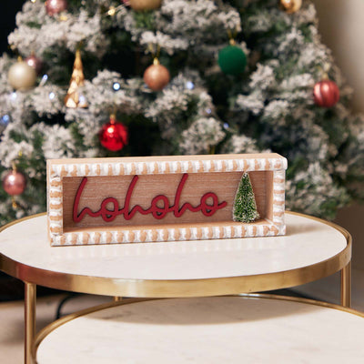 HO HO HO WOODEN BOX SIGN WITH BRISTLE TREE JX6174