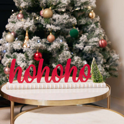 HO HO HO METAL ON WOOD LEDGE SIGN WITH BRISTLE TREE JX6175