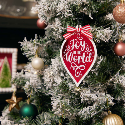 JOY TO THE WORLD RED ORNAMENT WITH BOW HANGING JX6191