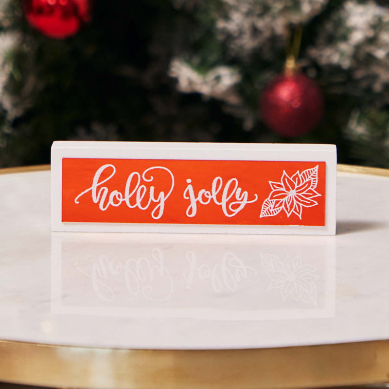 HOLLY JOLLY LEDGE SIGN RED MIRROR ON WHITE JX6245