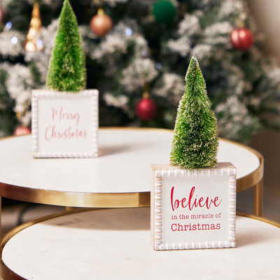 BELIEVE BLOCK SIGN WITH BRISTLE TREE JX6323