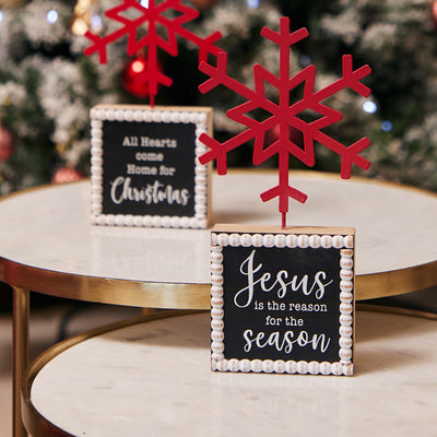 JESUS IS THE REASON WOODEN BLOCK WITH SNOWFLAKE SIGN JX6324