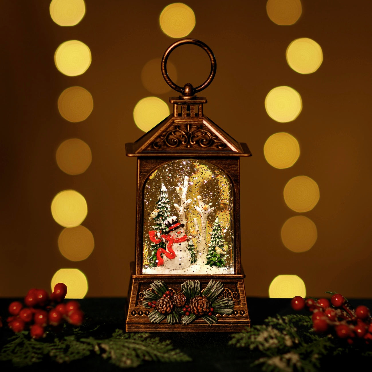 GLITTER LANTERN - BRONZE SMALL WITH SNOWMAN SCENE JT24-2