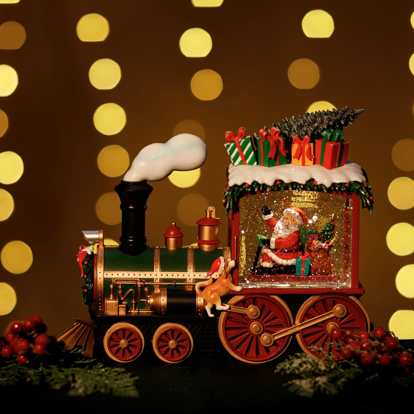 GLITTER LANTERN - FESTIVE TRAIN WITH SANTA, GIFTS AND PUPPY JT71-2