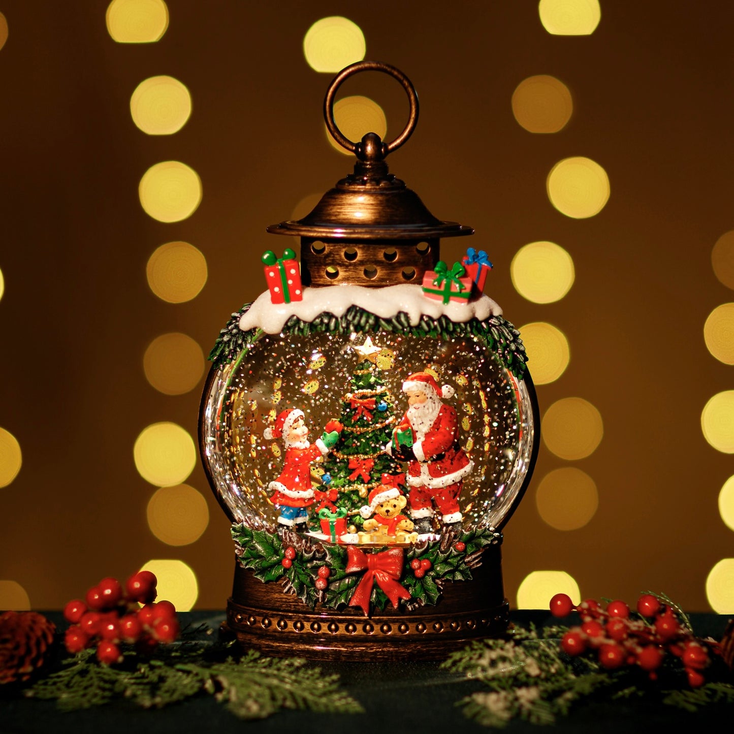 GLITTER LANTERN = BRONZE OVAL WITH SANTA & GIRL DECORATING TREE JT05-5