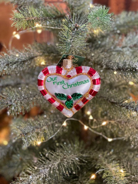 OUR FIRST CHRISTMAS PEPPERMINT GLASS HEART ORNAMENT
