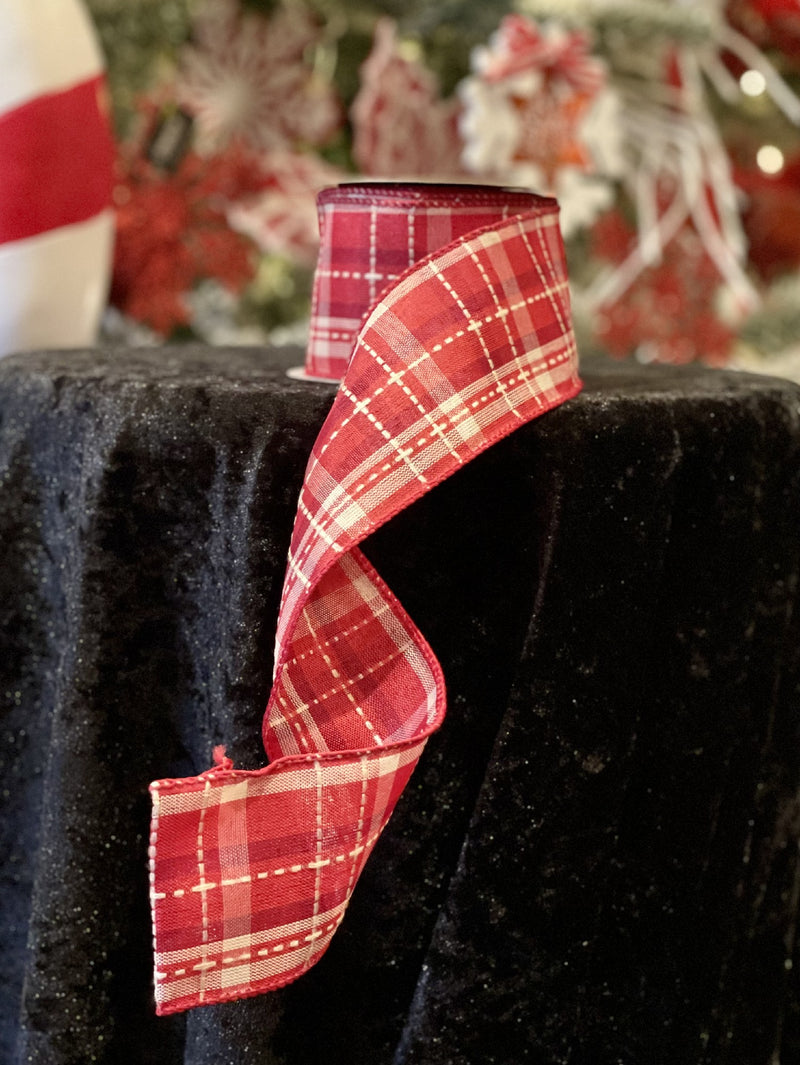 RED & WHITE STITCHED CHECK PLAID 2.5 INCH WIRE EDGED RIBBON 140143