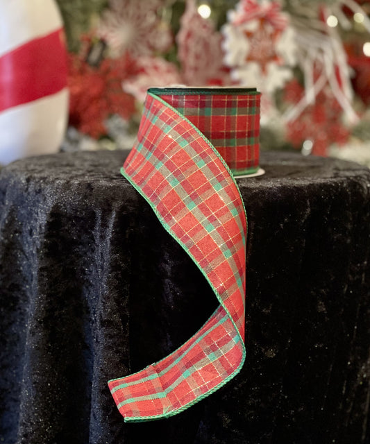 RED, GREEN & GOLD STICH PLAID 2.5 INCH WIRE EDGED RIBBON 140162