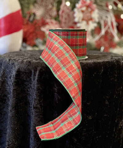 RED, GREEN & GOLD STICH PLAID 2.5 INCH WIRE EDGED RIBBON 140162
