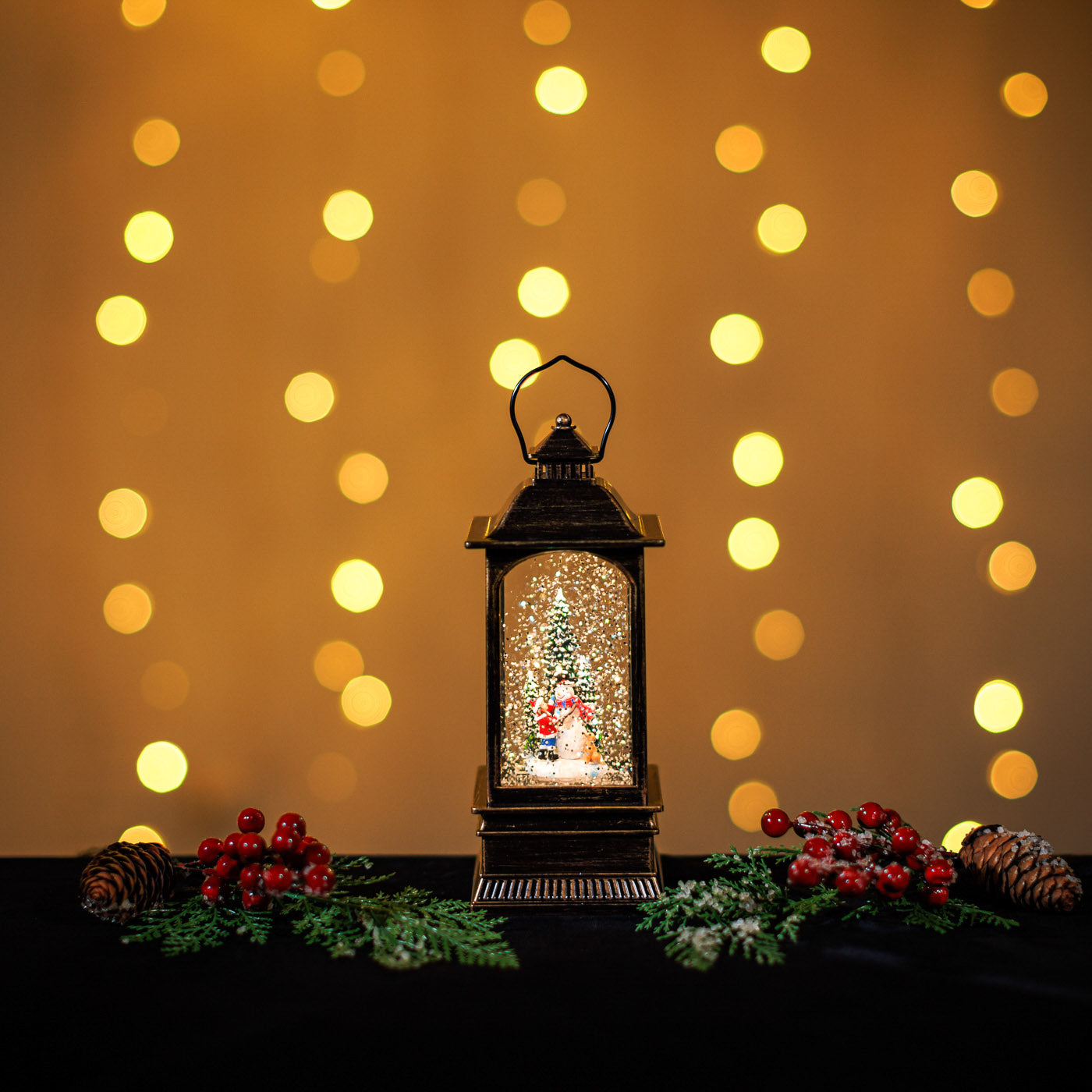 GLITTER LANTERN - TALL BRONZE WITH SNOWMAN SCENE JJ108