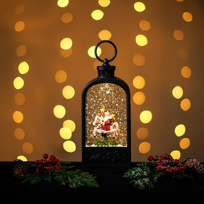 GLITTER LANTERN - BLACK LANTERN WITH SANTA ON ROCKING HORSE LT004