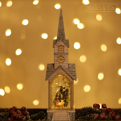 GLITTER LANTERN - WHITE CHURCH WITH NATIVITY SCNEN JT18-1