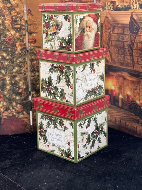 VINTAGE LOOK SET OF 3 HOLLY BOXES