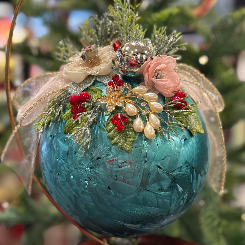MARK ROBERTS FLORAL JEWELED FROSTED AQUA BLUE 7.5 INCH ROUND ORNAMENT 36-54320