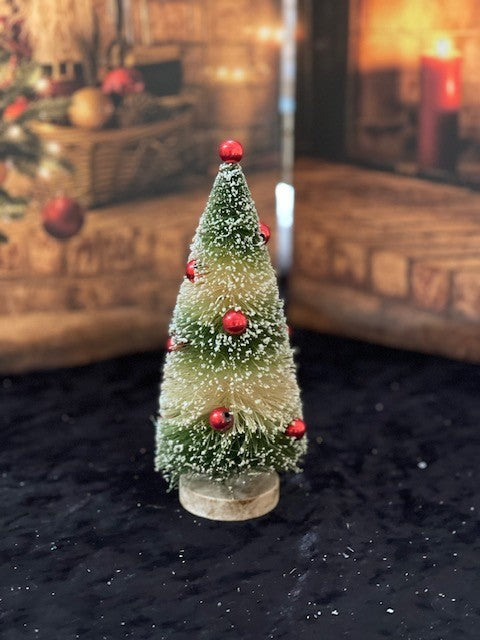 7 INCH GREEN STRIPED BOTTLEBRUSH TREE WITH RED ORNAMENTS