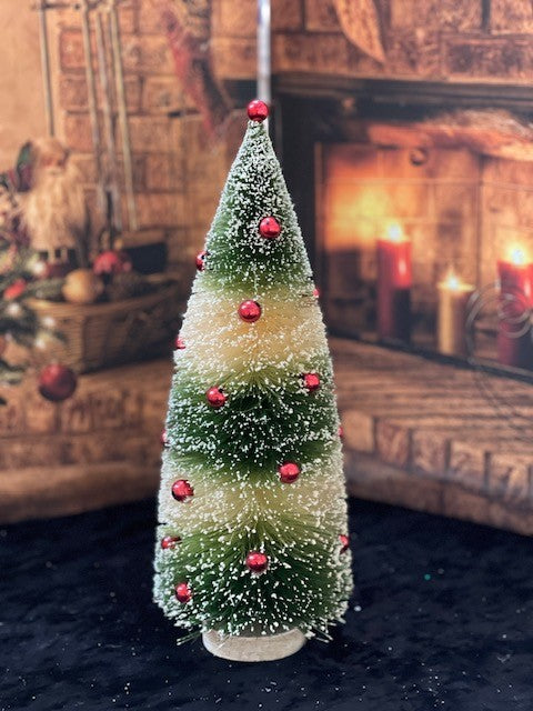 11 INCH GREEN STRIPPED BOTTLEBRUSH TREE WITH RED ORNAMENTS WS172240