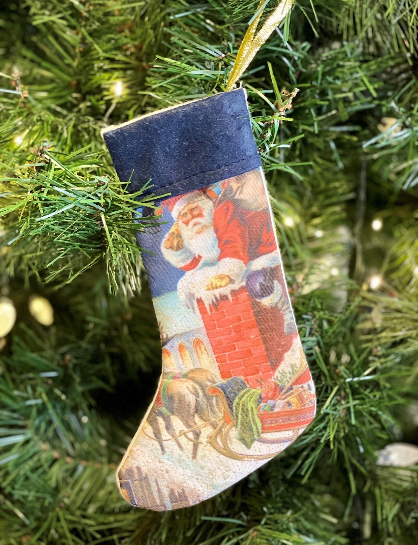 VINTAGE SANTA IN CHIMNEY BLUE STOCKING ORNAMENT