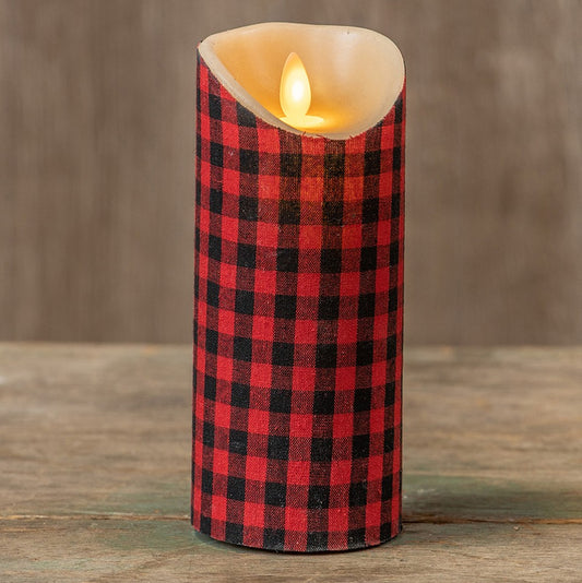 RAGON HOUSE RED & BLACK GINGHAM 7 INCH FABRIC PILLAR CANDLE