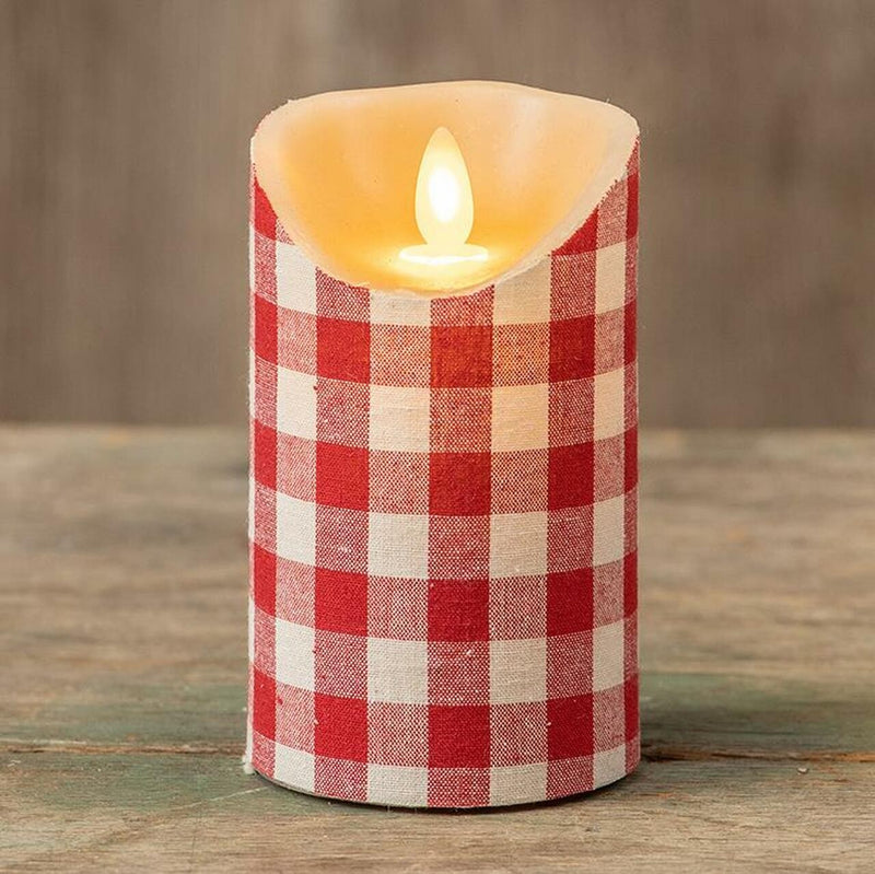 RAGON HOUSE RED & WHITE GINGHAM 5 INCH FABRIC PILLAR CANDLE