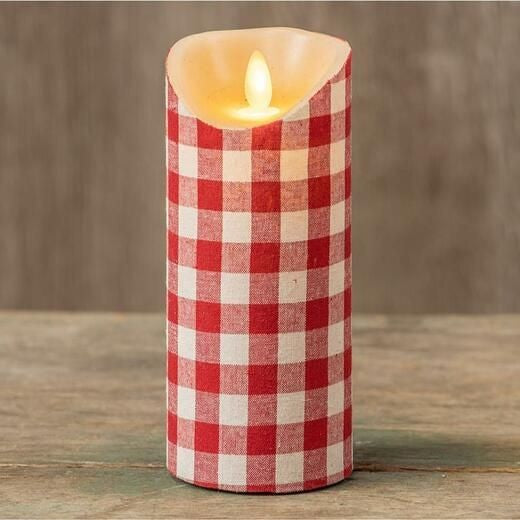 RAGON HOUSE RED & WHITE GINGHAM 7 INCH FABRIC PILLAR CANDLE