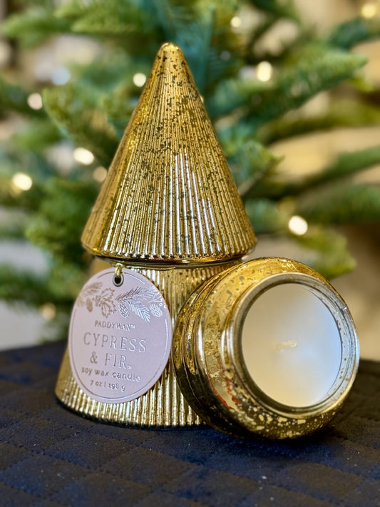 PADDYWAX GOLD STACKED TREE CANDLE - CYPRESS & FIR SCENT CFST0704AU