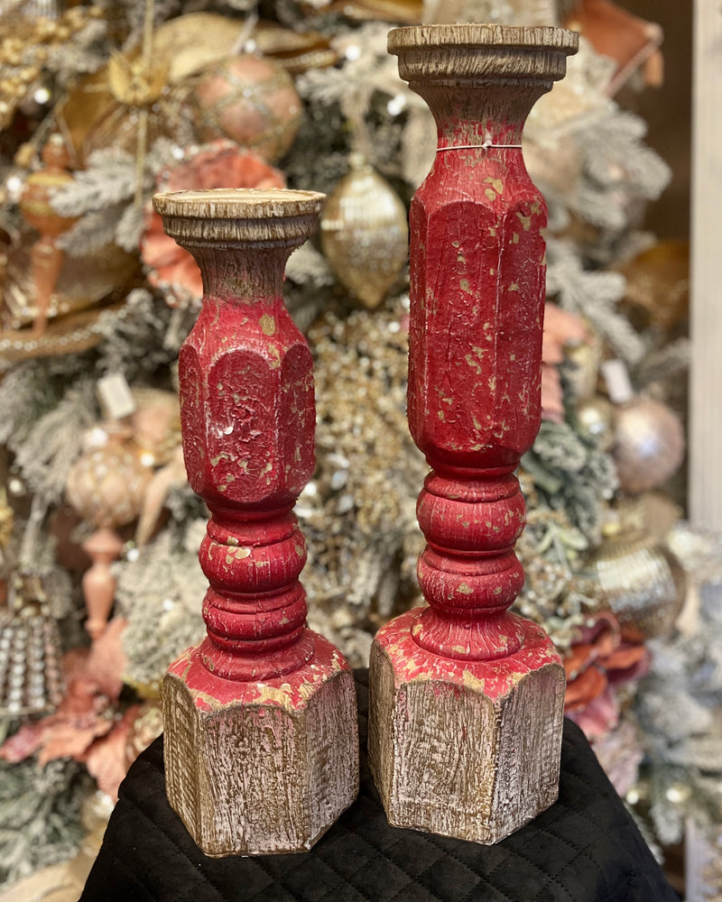 SET OF 2 DISTRESSED RED/NATURAL CANDLE HOLDERS 4312128