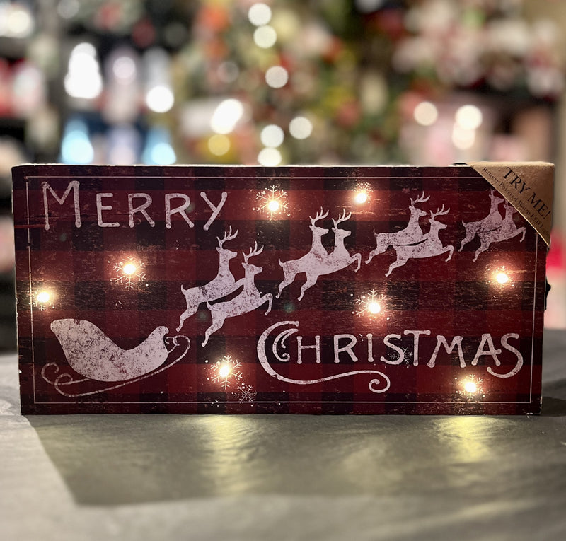 BUFFALO CHECK MERRY CHRISTMAS LED SANTA SLEIGH BOX SIGN 32840