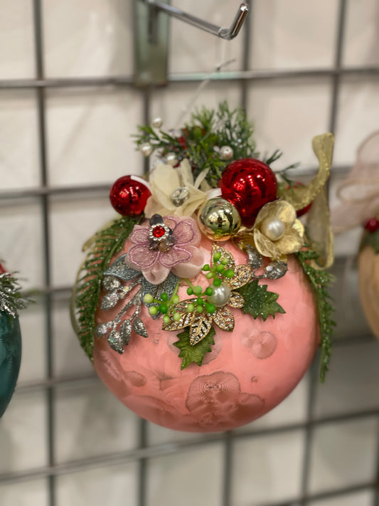 MARK ROBERTS FLORAL JEWELED FROSTED PINK 8 INCH ROUND ORNAMENT 36-54332