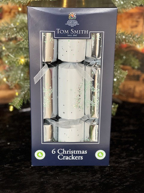 TOM SMITH SILVER WHITE SET OF 6 CHRISTMAS CRACKERS