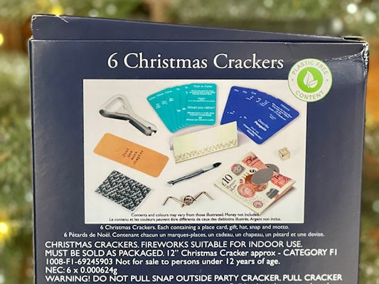 TOM SMITH SILVER WHITE SET OF 6 CHRISTMAS CRACKERS