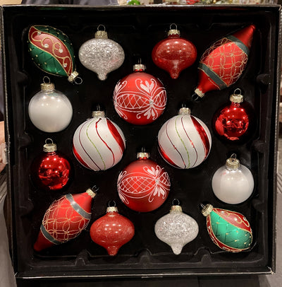 SET OF 16 RED, WHITE & GREEN GLASS ORNAMENTS 24608/G