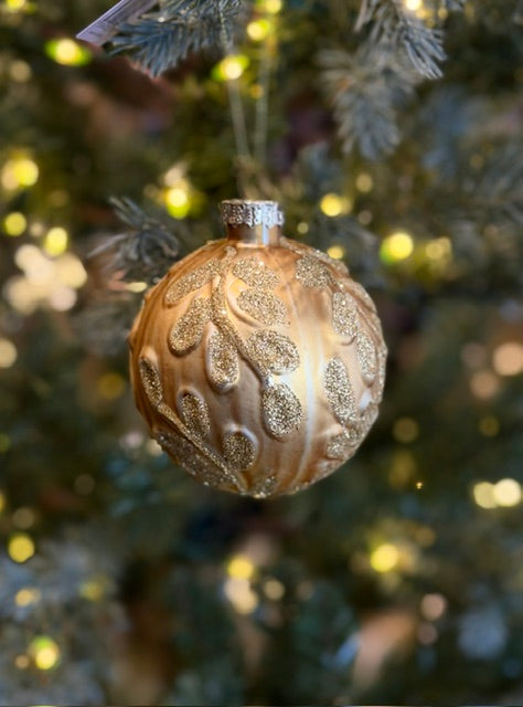 GOLD GLITTER LEAF DESIGN 80MM GLASS BAUBLE GD009-26