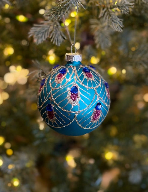 TURQUOISE GLITTER 80MM ROUND GLASS ORNAMENT TQ005-26