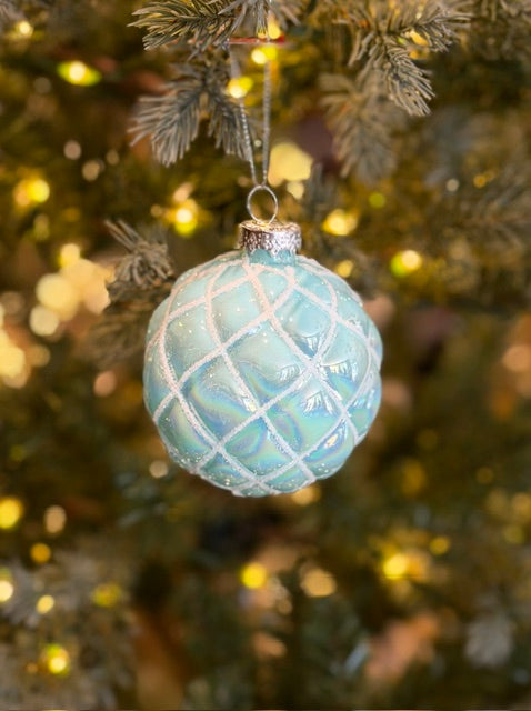 TURQUOISE SILVER GLITTER DIAMOND PATTERN 80MM GLASS BAUBLE 