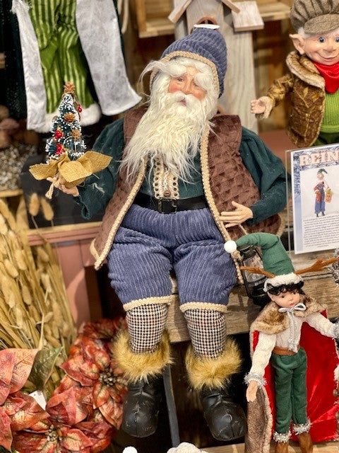 SANTA IN DENIM BLUE WITH BEAR & LANTERN X1701