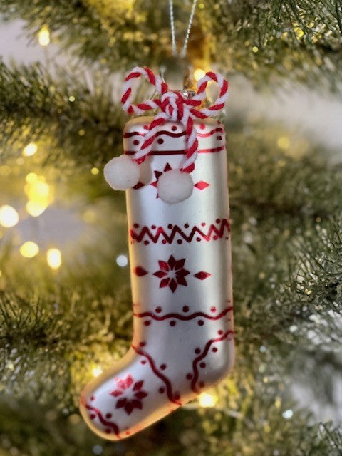 NORDIC WHITE GLASS STOCKING ORNAMENT X1668WH