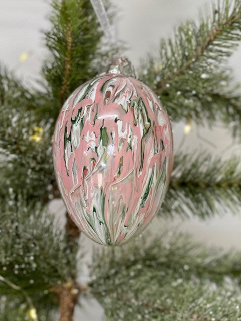 HANGING PINK & GREEN GLASS MELT EGG ORNAMENT E1002PKGR