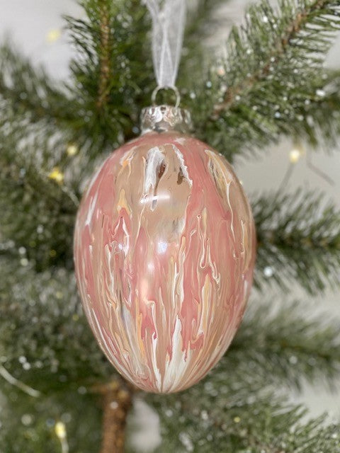 HANGING PINK & WHITE GLASS MELT EGG ORNAMENT E1002PECR