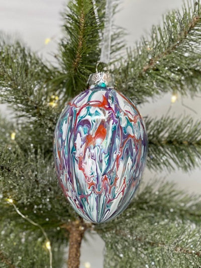 HANGING PURPLE, ORANGE, TEAL GLASS MELT EGG ORNAMENT E1002PU