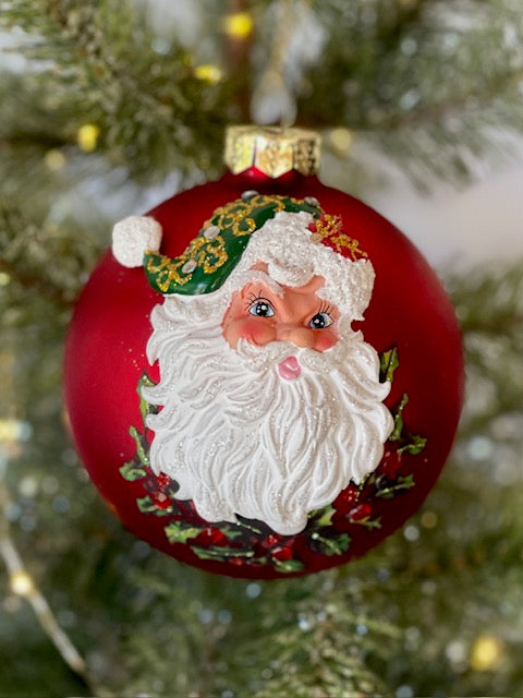 HANDPAINTED SANTA ON RED 10CM GLASS BALL ORNAMENT X2819