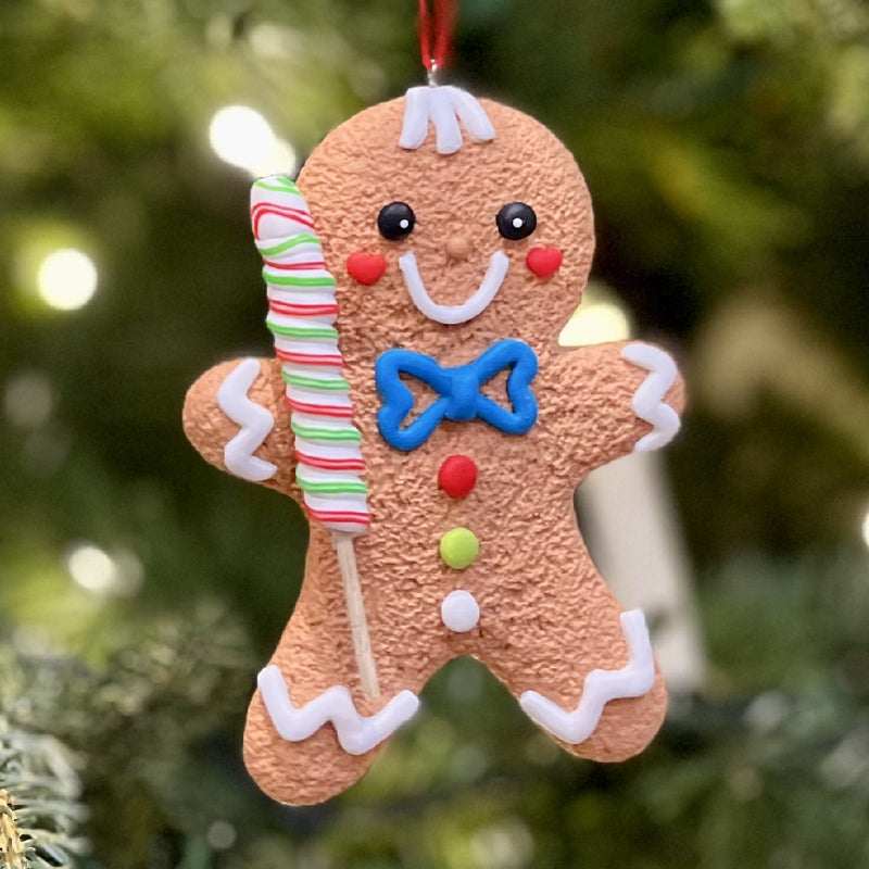 GINGERBREAD MAN COOKIE WITH CANDY LOLLIPOP ORNAMENT X2894